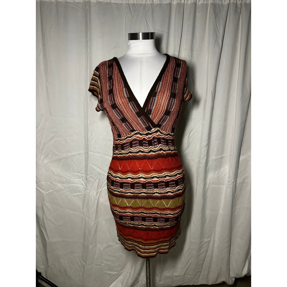 Knit Minded Womens Large Multi Color Chevron Stripe V-Neck Knit Mini Dress USA
